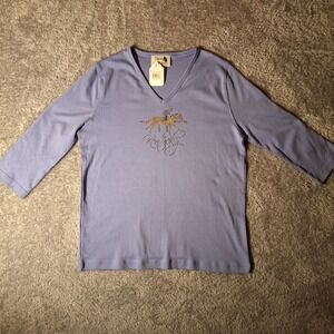 Equine Artwear Womens Large VNeck Rhinestone Horse Graphic Shirt Blue 3/4 sleeve